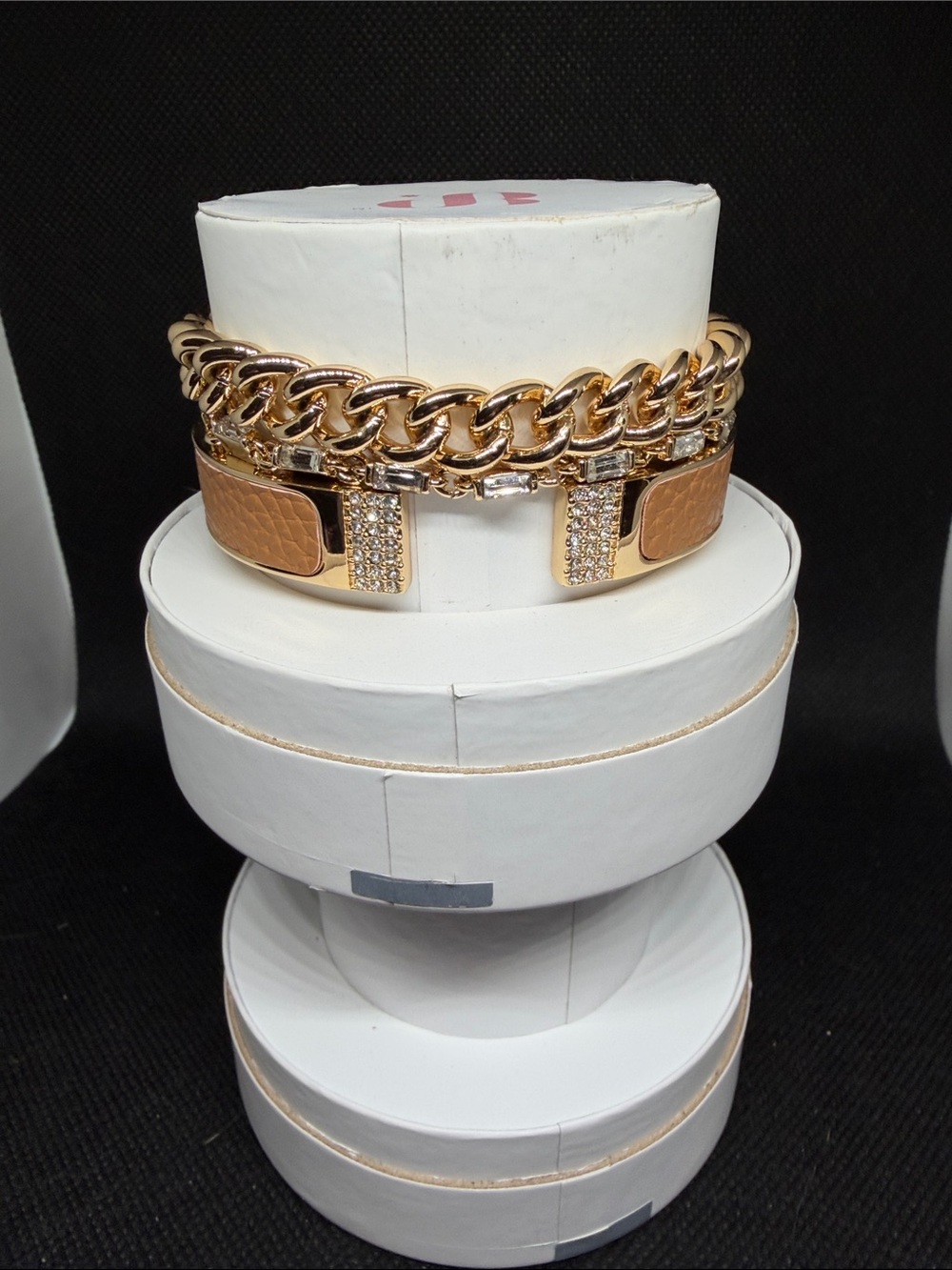 Gold Chain and Tan Leather Bracelet Set with Crystal Accents -Summer Stacks 25